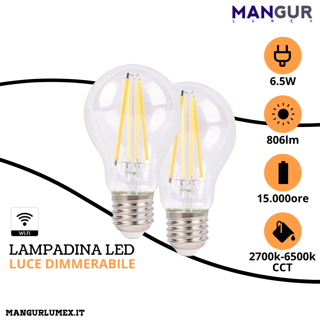 2 Lampadine Led Filamento Goccia WI-FI E27 6,5w=60w 806 Lumen 2700k-6500k Dimmerabile