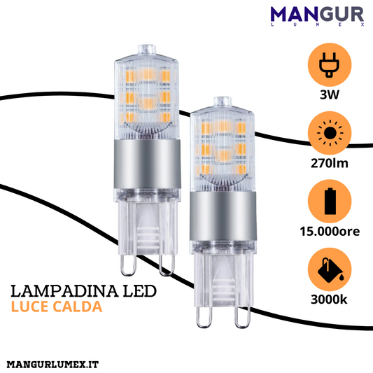 2 Lampadine Led G9 3w=25w 270 Lumen 3000k Luce Calda Ø 16x55 mm