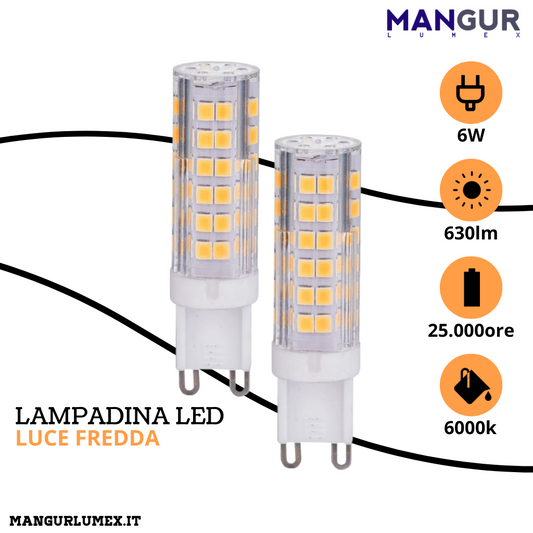 2 Lampadine Led G9 6w=50w 630 Lumen 6000k Luce Fredda Ø 19x65 mm