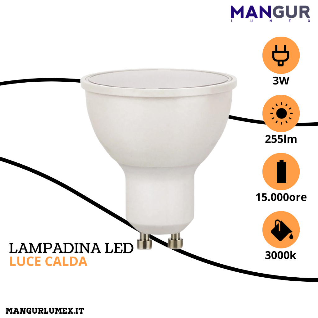 Lampadina led GU10 3w=24w 255 Lumen 3000k Luce Calda Ø 50x56 mm