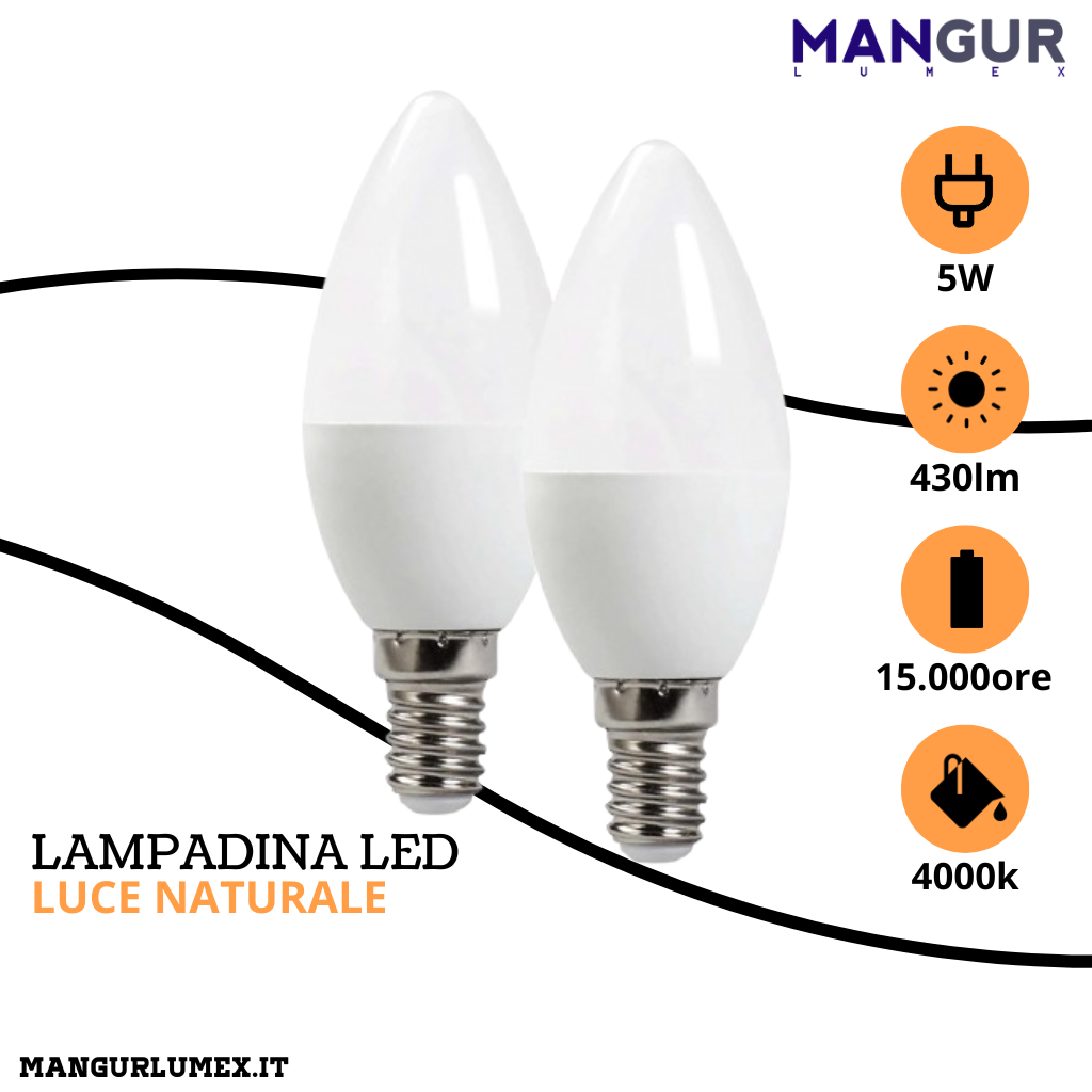 2 Lampadine Led oliva E14 5w=39w 430 Lumen 4000k Luce Naturale Ø 37x100 mm