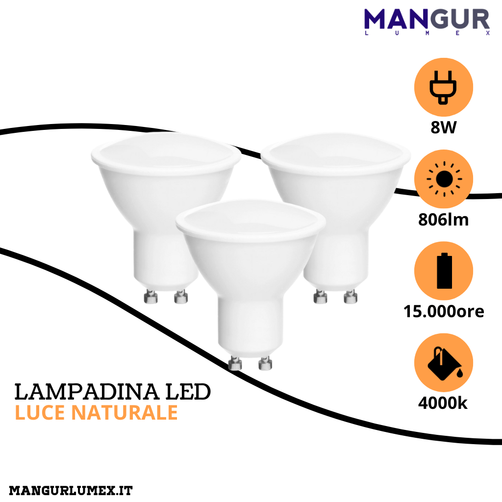 3 Lampadine Led GU10 8w=60w 806 Lumen 4000k Luce Naturale Ø 50x55 mm