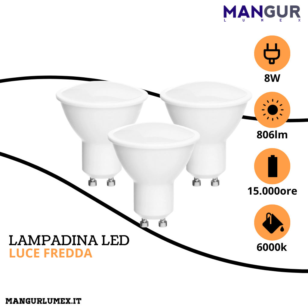 3 Lampadine Led GU10 8w=60w 806 Lumen 6000k Luce Fredda Ø 50x55 mm