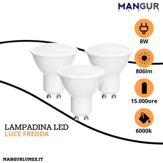 3 Lampadine Led GU10 8w=60w 806 Lumen 6000k Luce Fredda Ø 50x55 mm