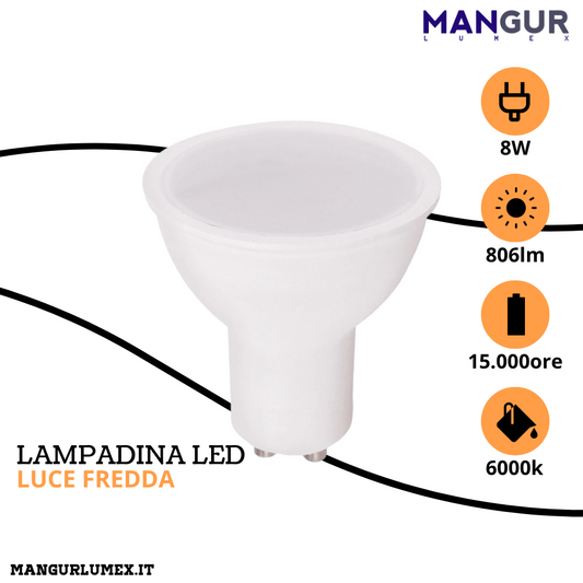 Lampadina Led GU10 8w=60w 806 Lumen 6000k Luce Fredda Ø 50x55 mm