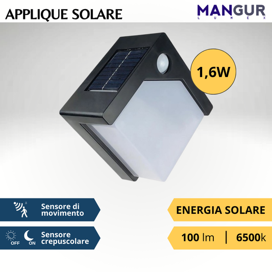 Applique Solare 1,6w 100 Lumen 6500k Luce Fredda con sensore di movimento e crepuscolare ip44