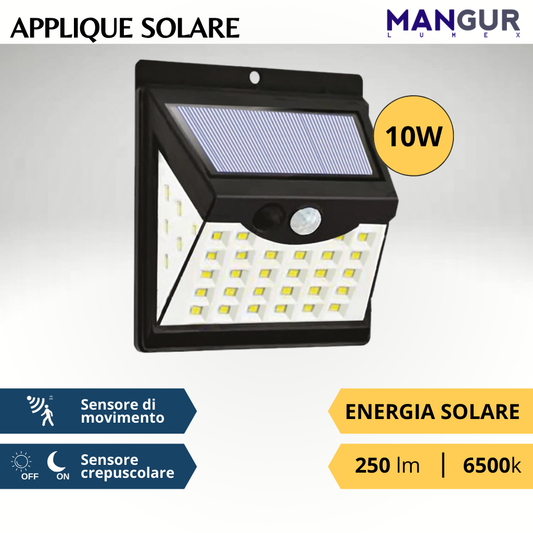 Applique Solare 10w 250 Lumen 6500k Luce Fredda con sensore di movimento e crepuscolare ip65
