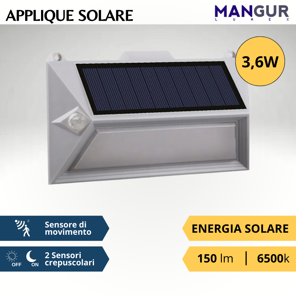 Applique Solare 3,6w 150 Lumen 6500k Luce Fredda con doppio sensore crepuscolare e di movimento ip65