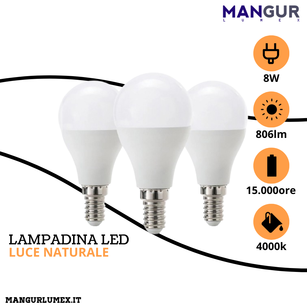3 Lampadine Led Minisfera E14 8w=60w 806 Lumen 4000k Luce Naturale Ø 45x90 mm