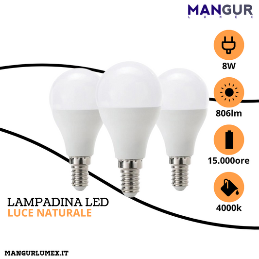 3 Lampadine Led Minisfera E14 8w=60w 806 Lumen 4000k Luce Naturale Ø 45x90 mm