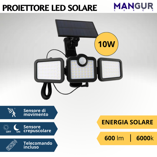 Proiettore Solare 10w 600 Lumen 6000k Luce Fredda Con Sensore Crepuscolare e di movimento ip65