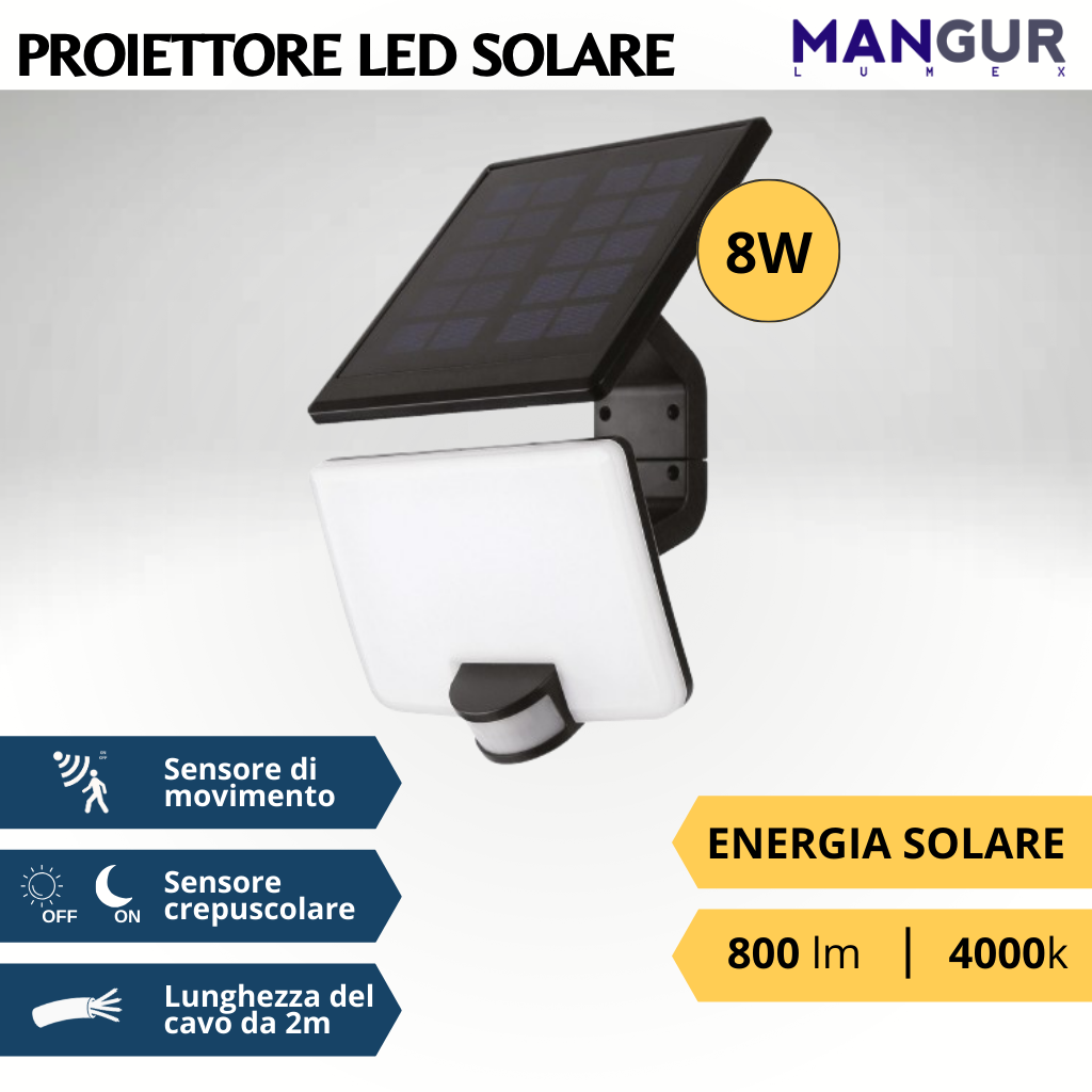 Proiettore Solare 8w 800 Lumen 4000k Luce Naturale Con Sensore Crepuscolare e di movimento ip54