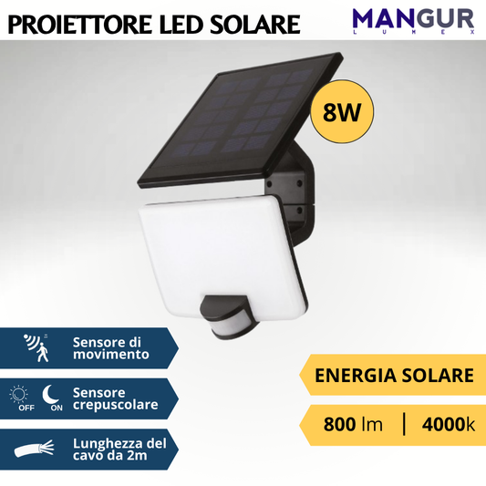 Proiettore Solare 8w 800 Lumen 4000k Luce Naturale Con Sensore Crepuscolare e di movimento ip54