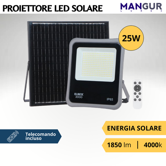Proiettore Solare 25w 1850 Lumen 4000k Luce Naturale Con Telecomando ip65