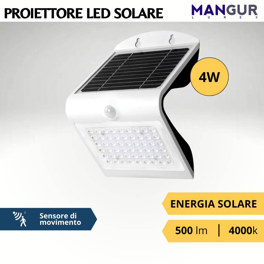 Proiettore Solare 4w 500 Lumen 4000k Luce Naturale con Sensore di Movimento