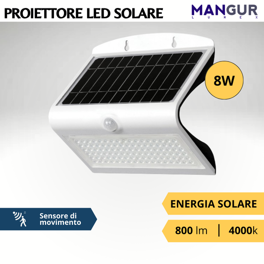 Proiettore Solare 8w 800 Lumen 4000k Luce Naturale con Sensore di Movimento