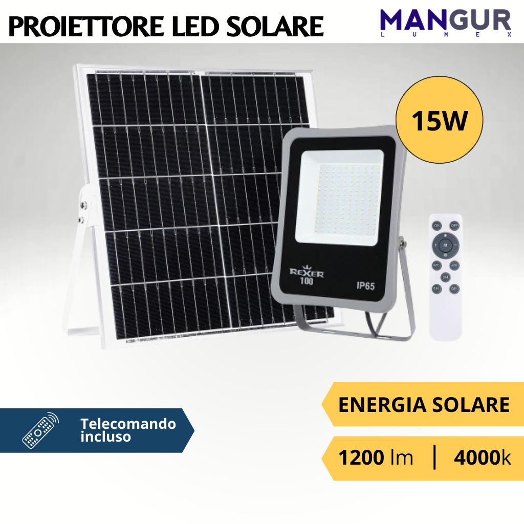 Proiettore Solare 15w 1200 Lumen 4000k Luce Naturale con Pannello Solare ip65