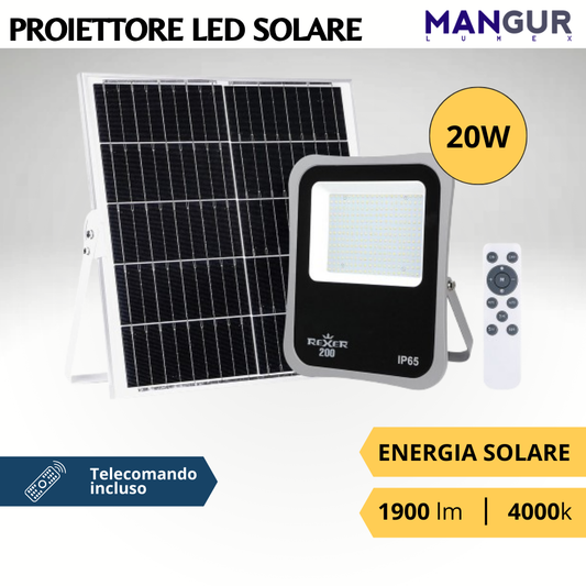 Proiettore Solare 20w 1900 Lumen 4000k Luce Naturale con Pannello Solare ip65