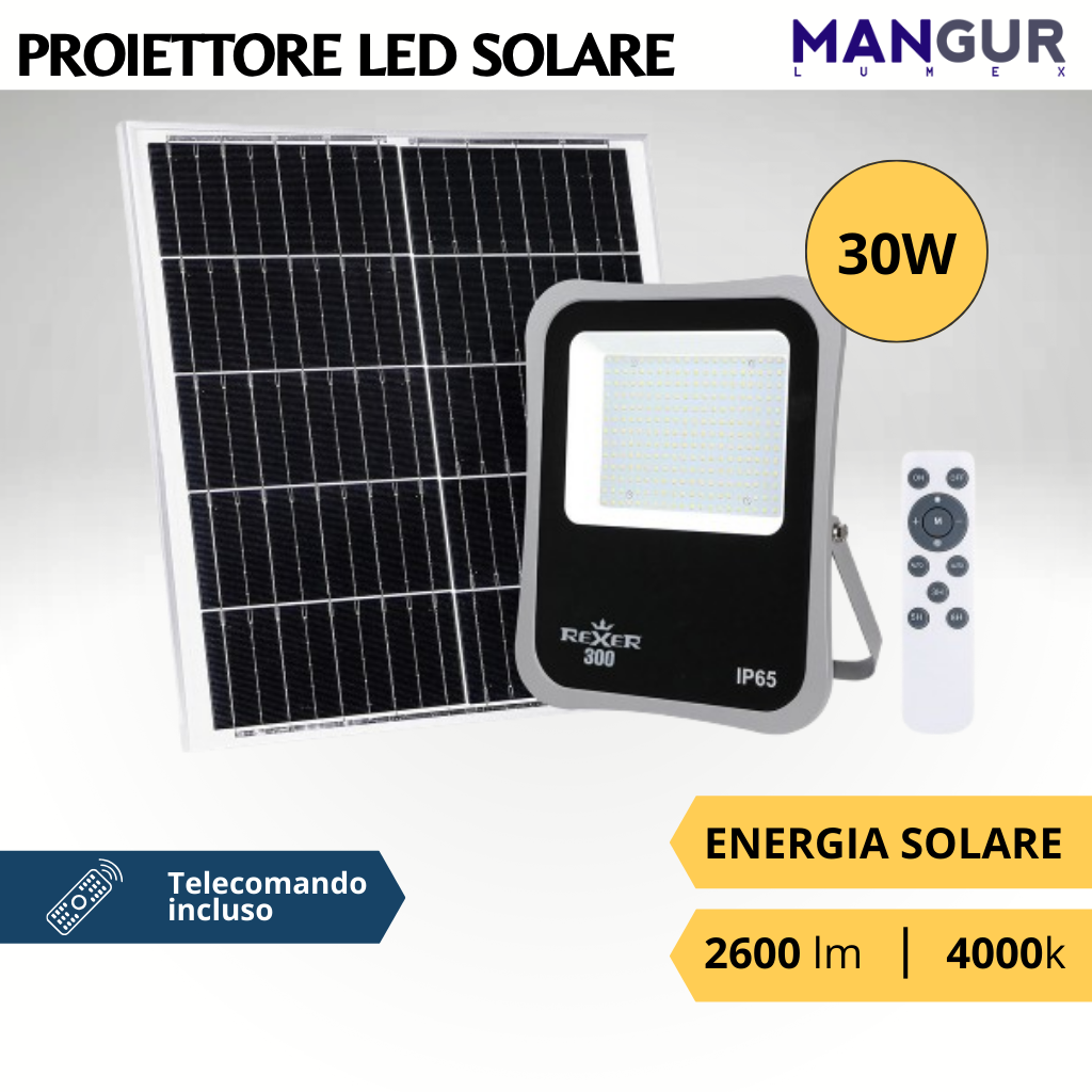 Proiettore Solare 30w 2600 Lumen 4000k Luce Naturale con Pannello Solare ip65