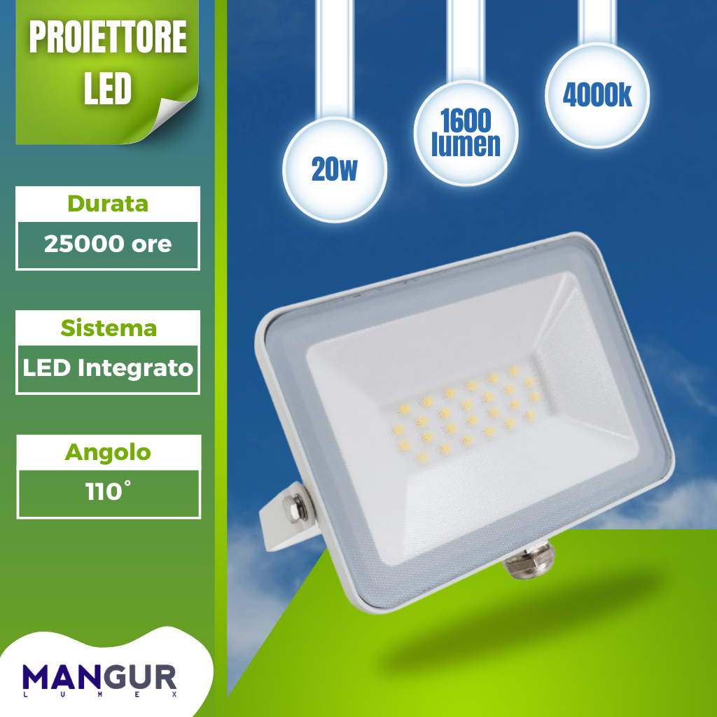 Proiettore LED 20w 1600 Lumen 4000k Luce Naturale LED Integrato ip65