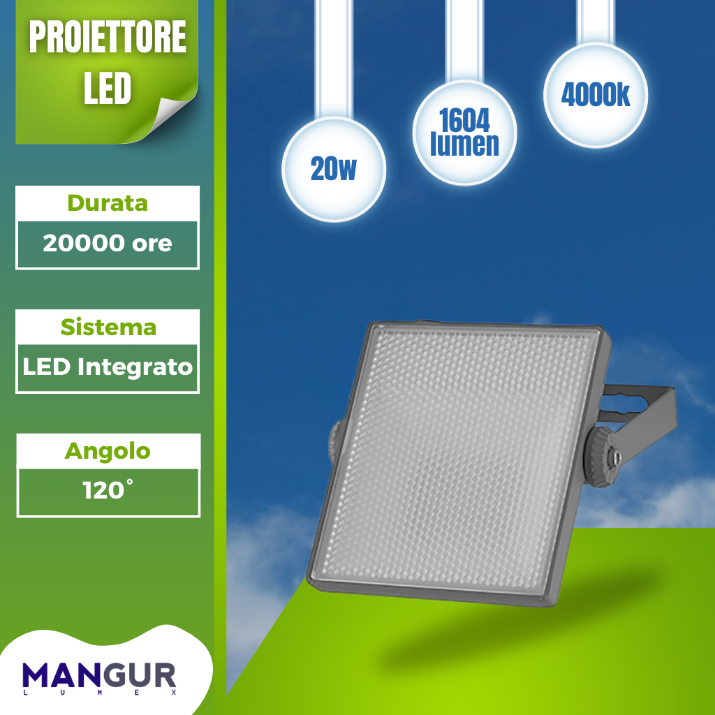 Proiettore LED 20w 1604 Lumen 4000k Luce Naturale LED Integrato IP65