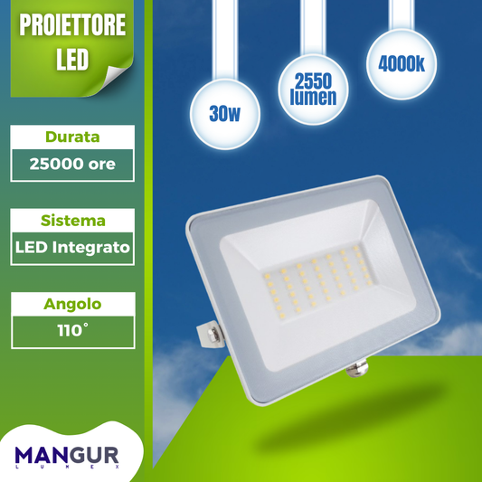 Proiettore LED 30w 2550 Lumen 4000k Luce Naturale LED Integrato ip65