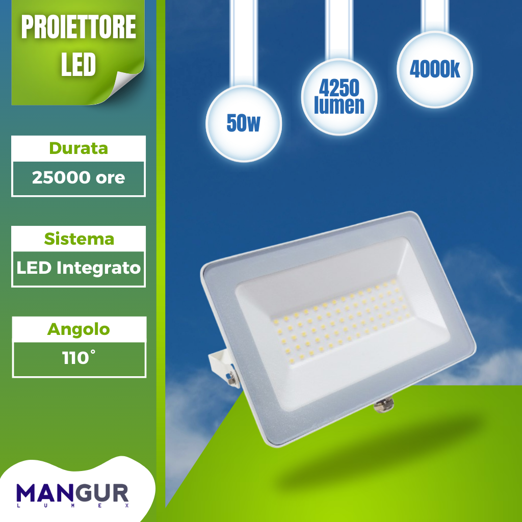 Proiettore LED 50w 4250 Lumen 4000k Luce Naturale LED Integrato ip65