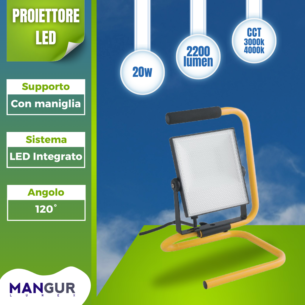 Proiettore LED 20w 2200 Lumen 3000k - 4000k CCT con maniglia ip65