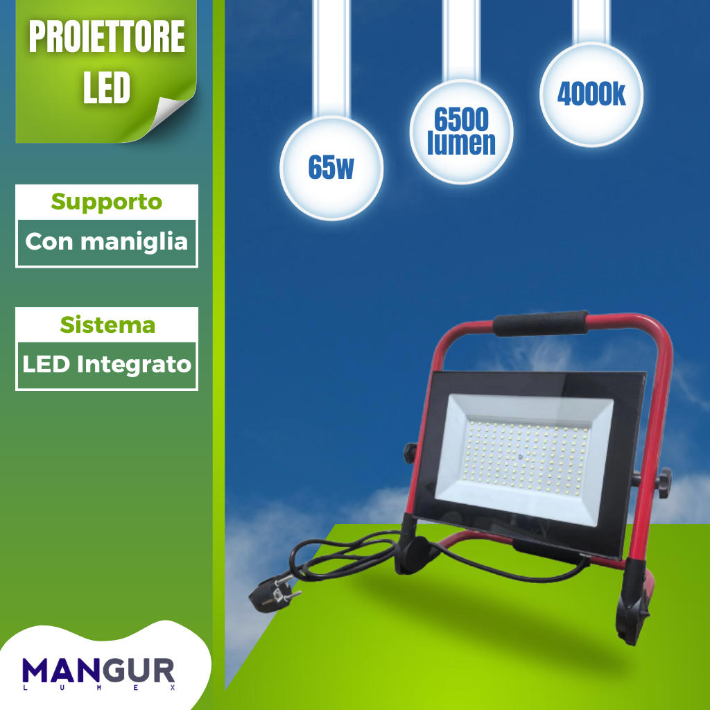 Proiettore LED 65w 6500 Lumen 4000k Luce Naturale con maniglia ip65