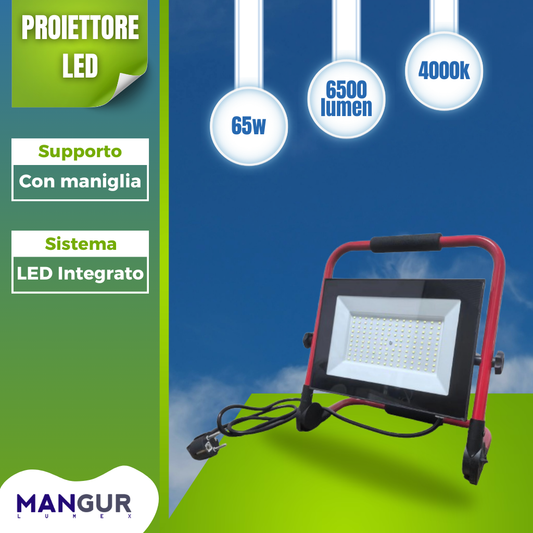 Proiettore LED 65w 6500 Lumen 4000k Luce Naturale con maniglia ip65