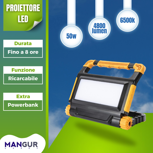 Proiettore LED 50w 4800 Lumen 6500k Luce Fredda con maniglia ricaricabile ip54 - Powerbank