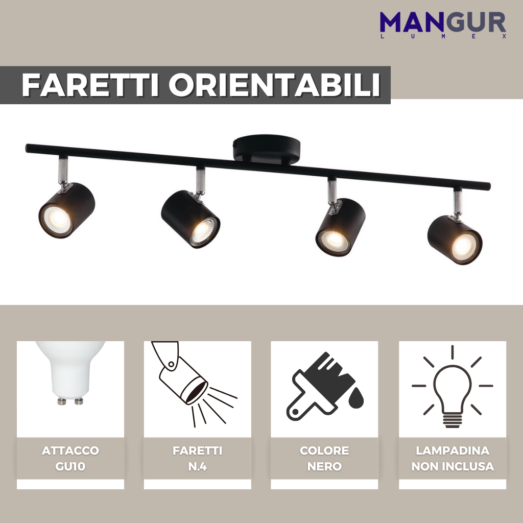 Barra 4 Faretti Orientabili Attacco GU10 Fino a 35w - Lampadine non incluse  - 700x150 mm Nero