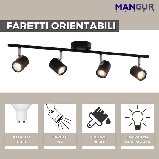 Barra 4 Faretti Orientabili Attacco GU10 Fino a 35w - Lampadine non incluse  - 700x150 mm Nero