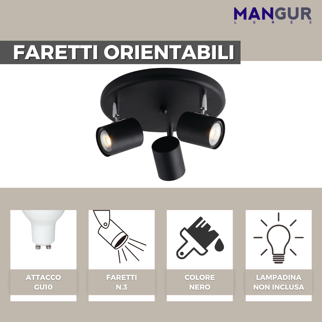Plafoniere 3 Faretti Orientabili Attacco GU10 Fino a 35w - Lampadine non incluse  - 235x120 mm Nero