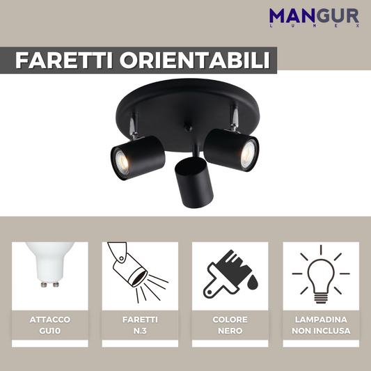 Plafoniere 3 Faretti Orientabili Attacco GU10 Fino a 35w - Lampadine non incluse  - 235x120 mm Nero