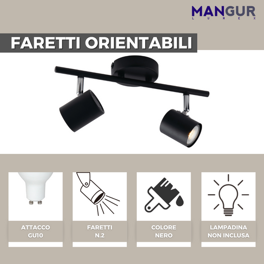 Barra 2 Faretti Orientabili Attacco GU10 Fino a 35w - Lampadine non incluse  - 330x150 mm Nero