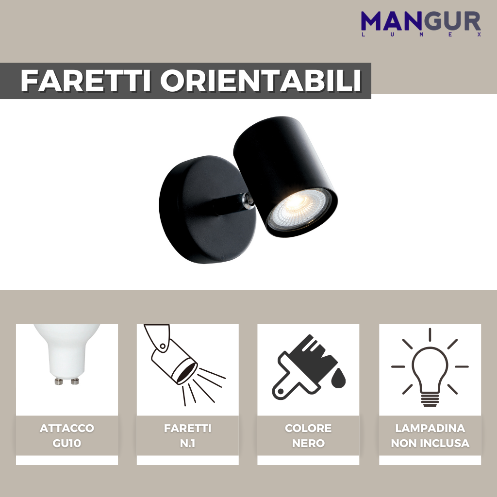 Faretto Singolo Orientabile Attacco GU10 Fino a 35w - Lampadine non incluse  - 80x120 mm Nero