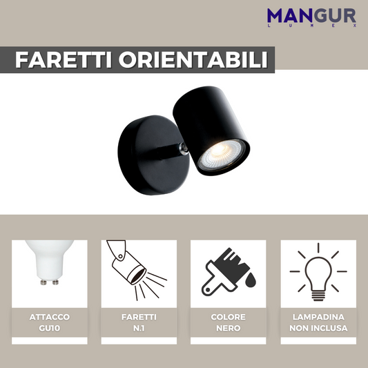 Faretto Singolo Orientabile Attacco GU10 Fino a 35w - Lampadine non incluse  - 80x120 mm Nero