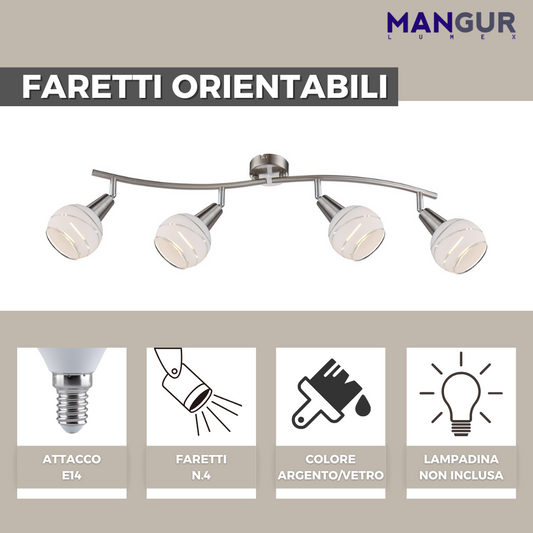 Barra 4 Faretti Orientabili Attacco E14 Fino a 16w - Lampadine non incluse  - 700x315 mm Argento/Vetro