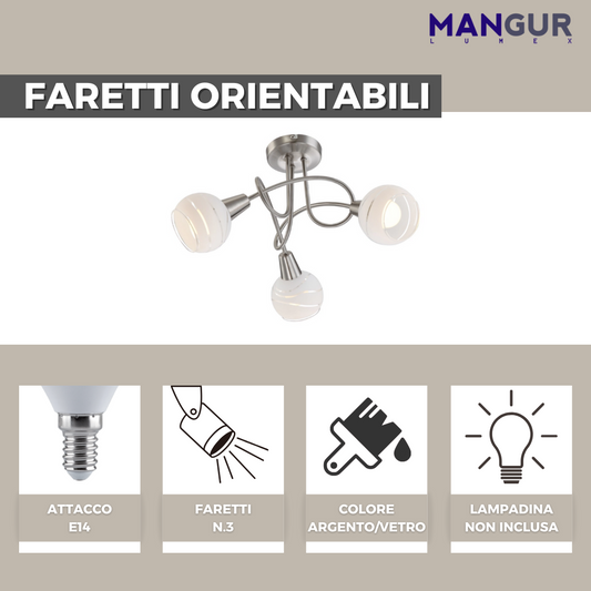 Plafoniera 3 Faretti Orientabili Attacco E14 Fino a 12w - Lampadine non incluse  - 390x246 mm Argento/Vetro