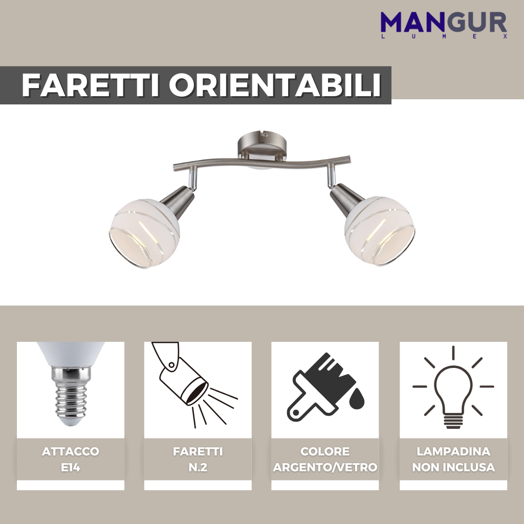 Barra 2 Faretti Orientabili Attacco E14 Fino a 8w - Lampadine non incluse  - 280x211 mm Argento/Vetro