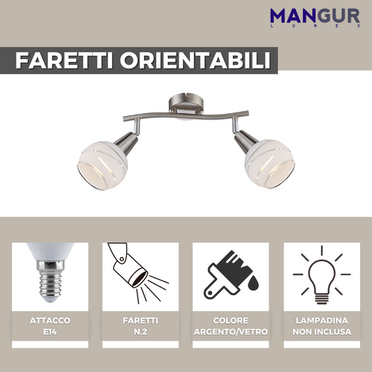 Barra 2 Faretti Orientabili Attacco E14 Fino a 8w - Lampadine non incluse  - 280x211 mm Argento/Vetro