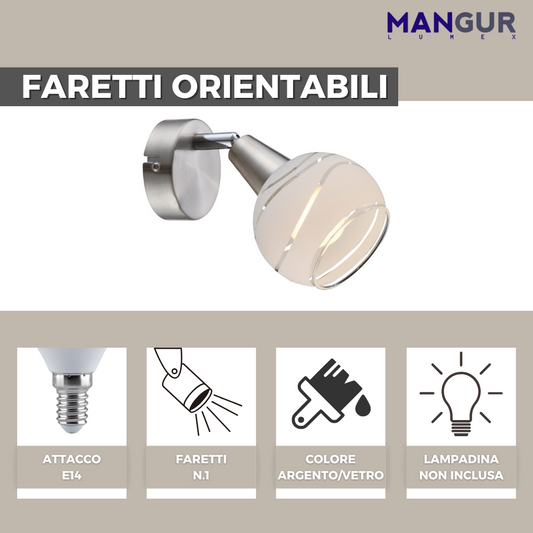 Faretto Singolo Orientabile Attacco E14 Fino a 4w - Lampadine non incluse  - 186x150 mm Argento/Vetro