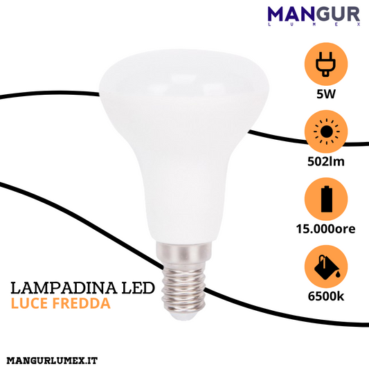 Lampadina Led E14 5w=37w 502 Lumen 6500k Luce Fredda Ø 50x83 mm
