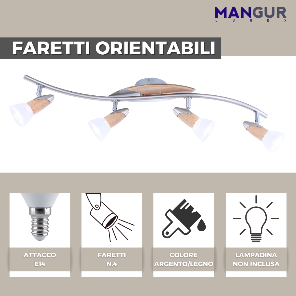 Barra 4 Faretti Orientabili Attacco E14 Fino a 40w - Lampadine non incluse  - 840x360 mm Argento/Legno