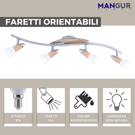 Barra 4 Faretti Orientabili Attacco E14 Fino a 40w - Lampadine non incluse  - 840x360 mm Argento/Legno