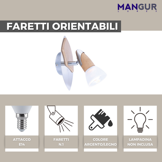 Faretto Singolo Orientabile Attacco E14 Fino a 40w - Lampadine non incluse  - 95x200 mm Argento/Legno