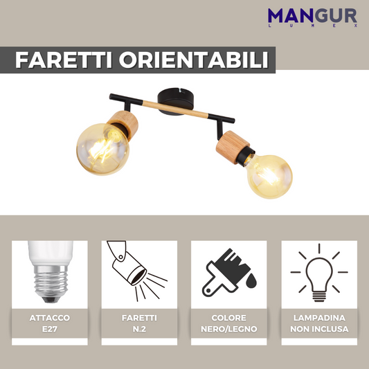 Barra 2 Faretti Orientabili Attacco E27 Fino a 40w - Lampadine non incluse  - Nero/Legno