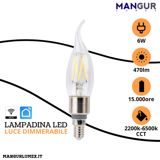 Lampadina Led Filamento Colpo di Vento WI-FI E14 6w=40w 470 Lumen 2200k-6500k Dimmerabile