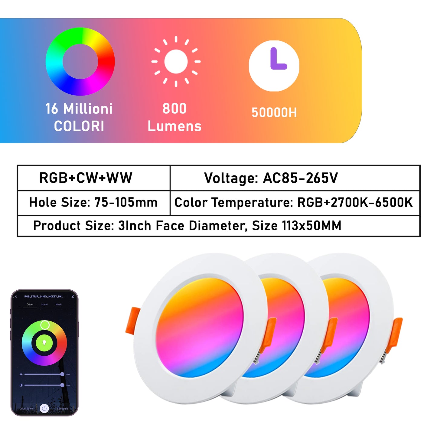 Faretti LED da Incasso Smart, RGB, CCT, 10W 800 Lumen, Funziona con Alexa e Google Assistant.